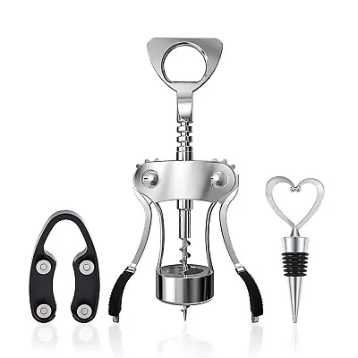 3Pcs Wine Opener Gift Set Wing Corkscrew Beer Bottle Opener With Stopper Cutter • £7.29