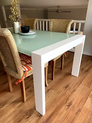 White Dining Table  (wood & Glass Top) And 4 Rattan Chairs (sold As Set) • $480