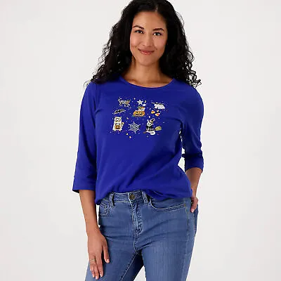 Quacker Factory Size M Tic Tac Toe Fall Vibes 3/4-Sleeve Top CATS/ROYAL A518864 • $19.99