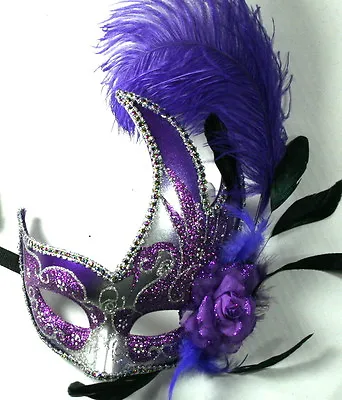 FEATHER MASQUERADE BALL PARTY Mardi Gras MASK PURPLE/SILVER • $29.99