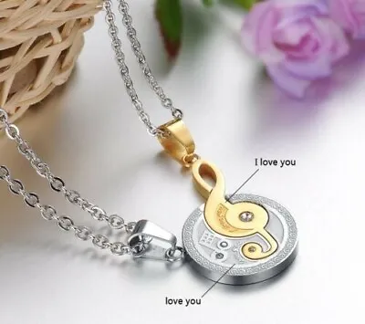 A Pair Music Note I Love You  Couple Pendant NecklaceStainless Steel W/CZ Stone • $9.99