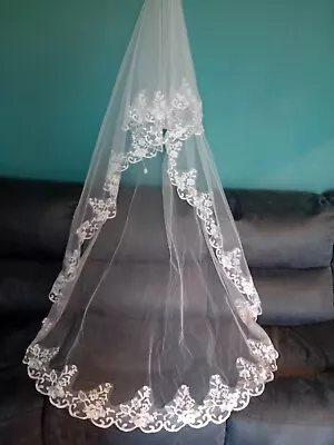 Wedding Veil White 2 Tier Chapel Length & Combslide Lace Edge V241 • £14