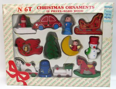 Vintage Set Of 12 Mini WOOD Wooden In BOX Christmas Ornaments Serv. Merch. NOS • $9.98