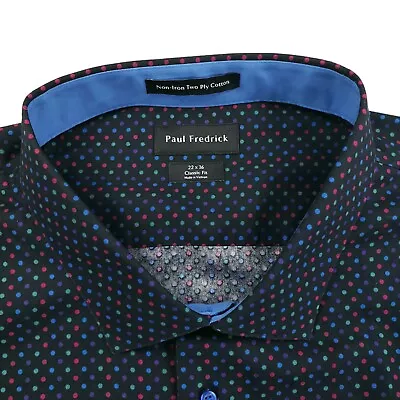 NWT Paul Fredrick Button Up Dress Shirt Mens Size 22 X 36 Polka Dot Black • $39.99