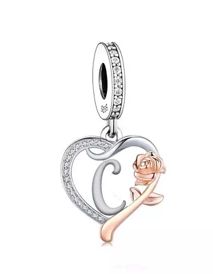 Letter C Name Initial Heart & Rose Dangle Charm 💜 Genuine 925 Sterling Silver • £17