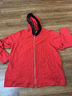 Quacker Factory Red Rhinestone Studded Full Zip Faux Fur Hooded Sweater Size XL • $28