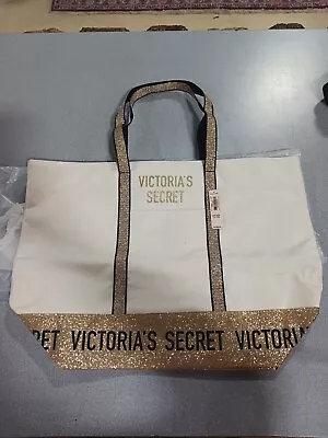 Victoria’s Secret Overnight Canvas Tote Bag Carryon Zip Tan Gold Glitter New • $28