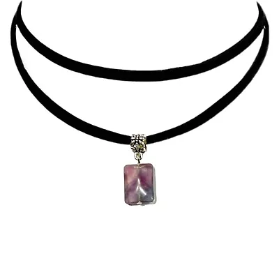 1x Rectangular Gemstone Pendant Black 2 Layer Faux Black Suede Choker Necklace • £4.99