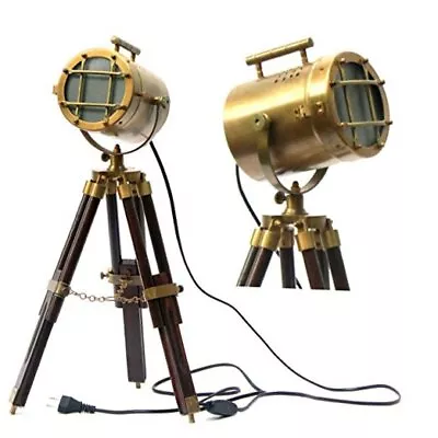  Vintage Model Searchlight Wood Antique Tripod Style Lamps LED Brown-Brass • $102.09