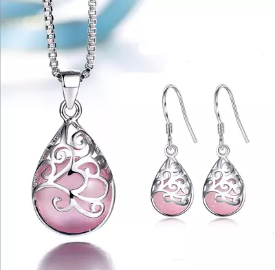 Women 925 Sterling Silver Opal Water Drop Earrings Chain Necklace Pendant Set • $4.91