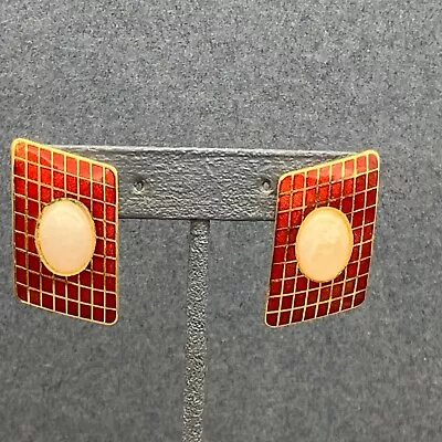 Mona So Pierced Earrings As Is Red Window Pane Checker Domed White Oval Gold • $15.96