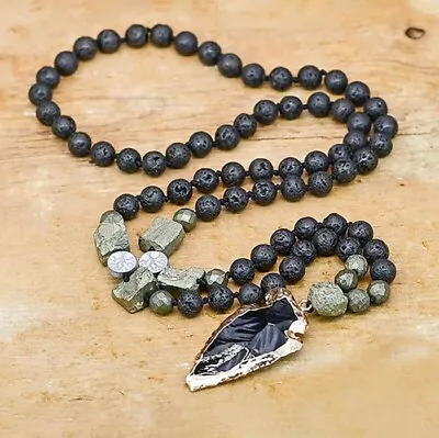 Black Obsidian Lava Pyrite Beaded Healing Protection Strength Women Men Necklace • $17.90