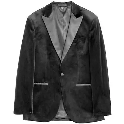 VELVET VELOUR SMOKING TUXEDO Jacket BLAZER DINNER SUIT 46 Black SPORTS Coat M&S • £50