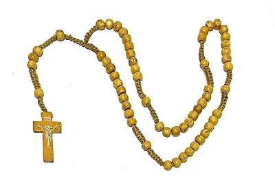 WOOD ROSARY Handmade Crucifix W/ Beads On Twisted Rope 15” • $6.40