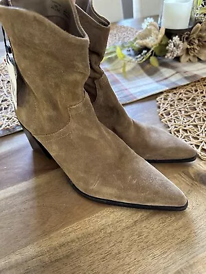 $49.99 • Buy Zara Leather Split Suede Cowboy Ankle Boots Pointed Toe Tan Size 8