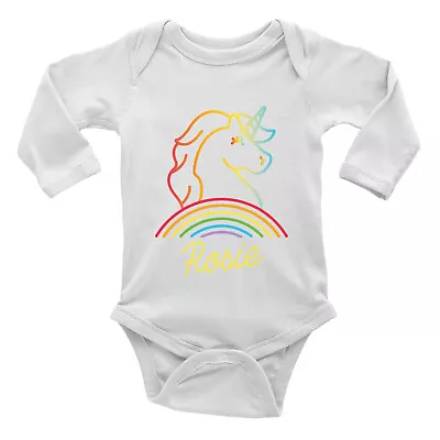 Personalised Unicorn Rainbow Baby Grow Vest Bodysuit Any Name Boy Girls Gift L/S • £5.99