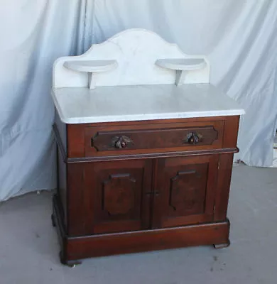 Antique Victorian Marble Top Commode – Carved Leaf Pulls • $875
