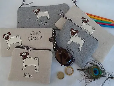 £14.49 • Buy Personalised Purse Or Pencil Case, Pug Dog Choice Of Fabric & Wording Linen Wool