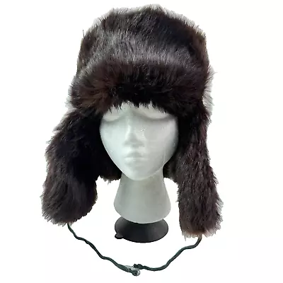 Russian Trapper Hat Aviator Black Leather Brown Fur Ear Flaps Tie Outdoor Size 6 • $98.87