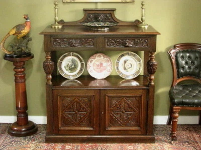 $940 • Buy ANTIQUE CARVED OAK 2 DRAWER 2 DOOR SIDEBOARD DISPLAY OR BOOKCASE STAND   C1920s