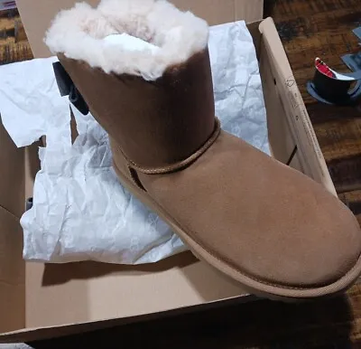 UGG Women's Mini Bailey Bow Suede Boot Chestnut Sz 9 New In Box All Papers & Doc • $104.99
