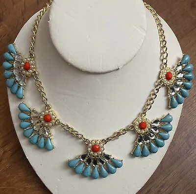Vintage Chunky Turquoise Red & Golden Colors Fan  Necklace • $15.95