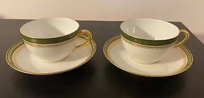 Set Of 2 Tressemanes & Vogt T&V Limoges Tea Cups Saucers Green Gold Greek Key • $18