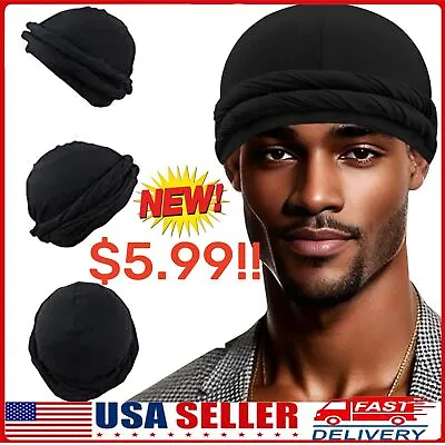 Black Halo Turban Skull Cap Bonnet Hair Cover Pre-Tied Turban Durag Head Wrap • $5.99