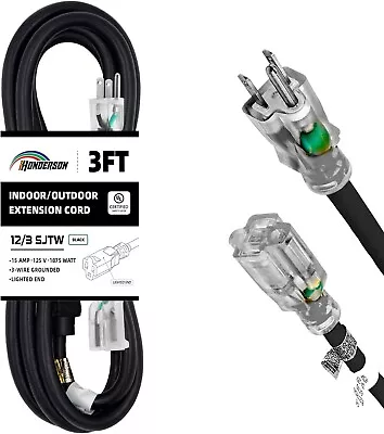 3FT 12/3 Lighted Outdoor Extension Cord 12 Gauge 3 Prong SJTW Heavy Duty Black • $13.45