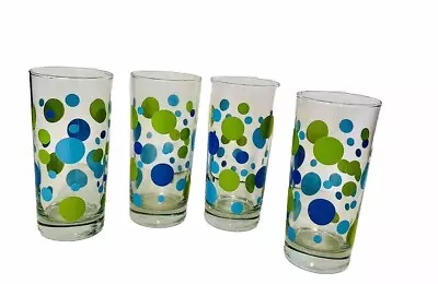 MCM Vintage Retro Polka Dot Dash Drinking Glasses Green & Blue Atomic Set Of 4 • $32