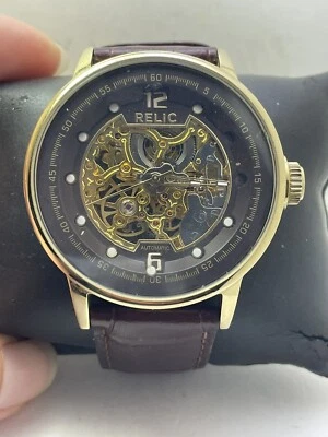 $1.25 • Buy Relic Men's ZR77241 Analog Automatic Open Heart Gold Case Brown Watch DEFECT H22