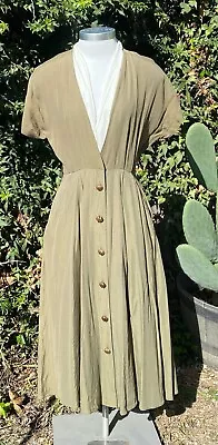 Vintage 90s Sheri Martin Sundress Maxi Dress Solid Olive White Ruffled Trim SZ 4 • $27.99