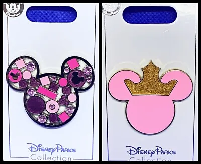 Disney Parks 2 Pin Lot MICKEY HEAD Shiny Jeweled Ears + Pink Princess Crown NEW • $15.99