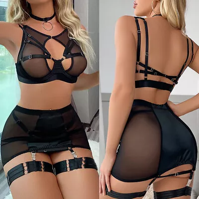 Womens Sexy Lingerie Set Mesh Lace Skirt With Garter Exotic Lingerie Set Choker • $6.16