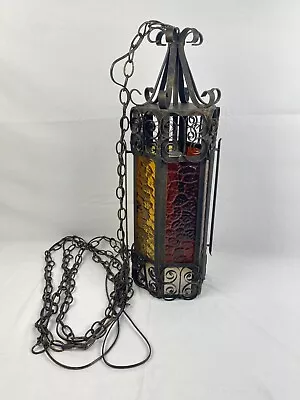 VTG Spanish Revival Pendant Chandelier 26  Amber & Yellow Glass Panels Gothic • $149.98