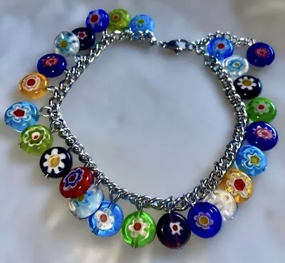Colorful Murano Style Millefiori Glass Bead Charm Bracelet Or Anklet 7.75” • $12.99