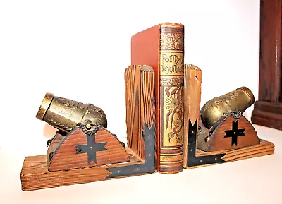 Vintage Cannon Bookends Pair Wood Medieval Military Rustic Civil War • $24.99