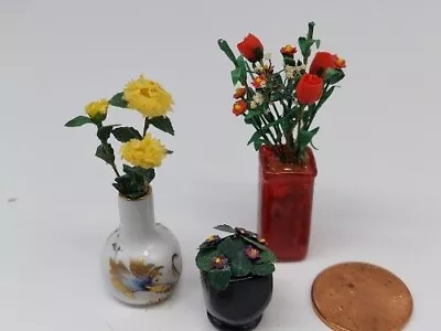 Dollhouse Miniatures  2 Handmade Flowers In Vase And A Potted Plant • $14