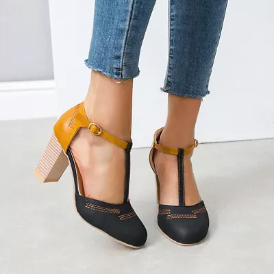 Ladies Block High Heels T-strap Pumps Mary Jane Round Toe Chunk Shoes Sandals • $29.34