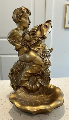 Vintage Universal Statuary Corp Plaster Cherub Sea Horse Shell Bath Bowl Statue • $60