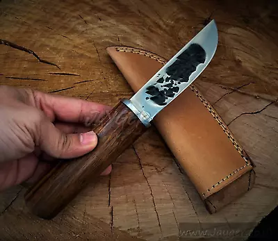 Handmade Yakut Knife | Leather Sheath | Hammerd Blade | Round Wood Handle • $140