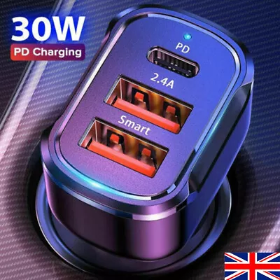 12V Dual USB PD + Type-C Car Charger Fast 30W For IPhone 15 14 13 12 Pro Max UK • £6.89