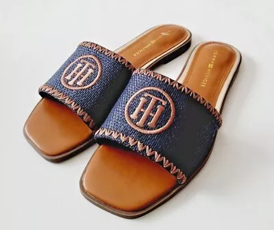 TOMMY HILFIGER Women`s Sandals TH Round Logo Slides Size 9 9.5 10 Navy • $26.98