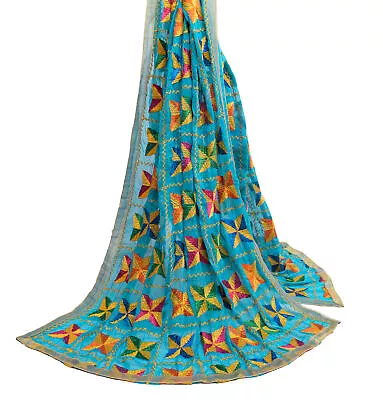 Sushila Vintage Aqua Blue Dupatta Chiffon Silk Phulkari Embroidered Long Stole • $34.49