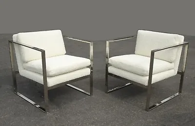 1970's Pair Milo Baughman Mid Century Chrome Lounge Chairs W Ivory Boucle. • $2998