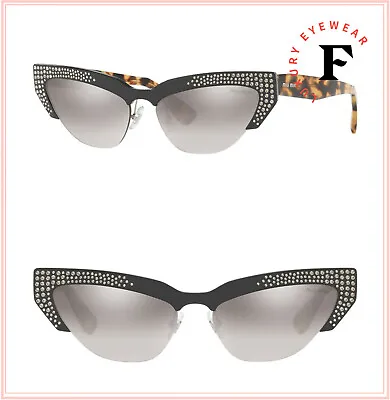 MIU MIU LOGO 04U MU04US Cat Eye Black Havana Crystal Skinny Sunglasses Mirrored • $201.60