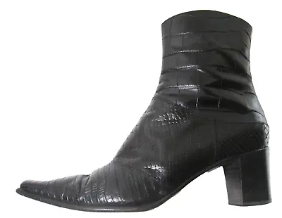 Via Spiga Black Leather Croc Embossed Patchwork Zip Bootie Heels 9M • $41.50