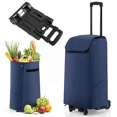 Folding Shopping Cart Rolling Utility Cart W/ Removable Waterproof Bag Dark Blue • $32.98