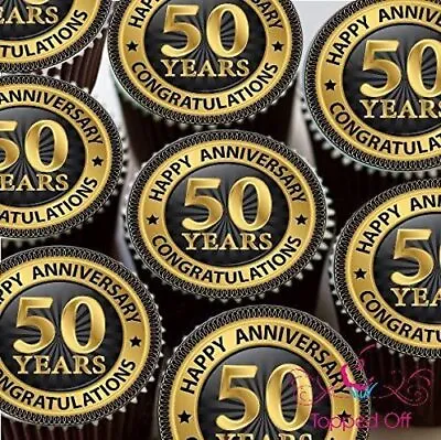 Happy 50th Anniversary Round Pre-Cut Edible Cup Cake Topper Decorations • £3.99