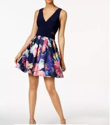 XSCAPE Navy Floral Cut Out Mesh Sides Fit+Flare Cocktail Party Dress Sz M -USA • $29.99